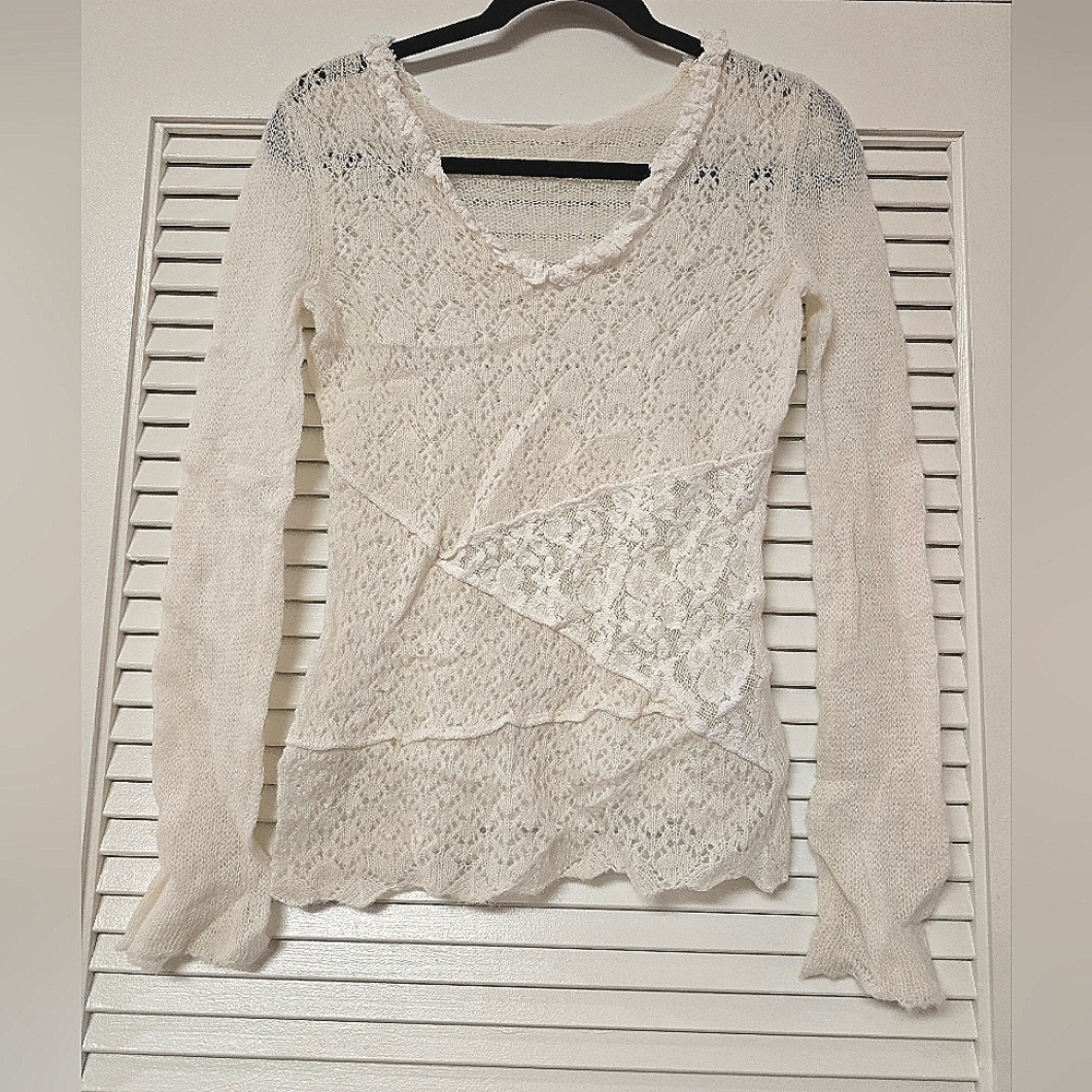 Unique White Knit & Lace Patchwork  Lightweight Long-Sleeve Sweater Top